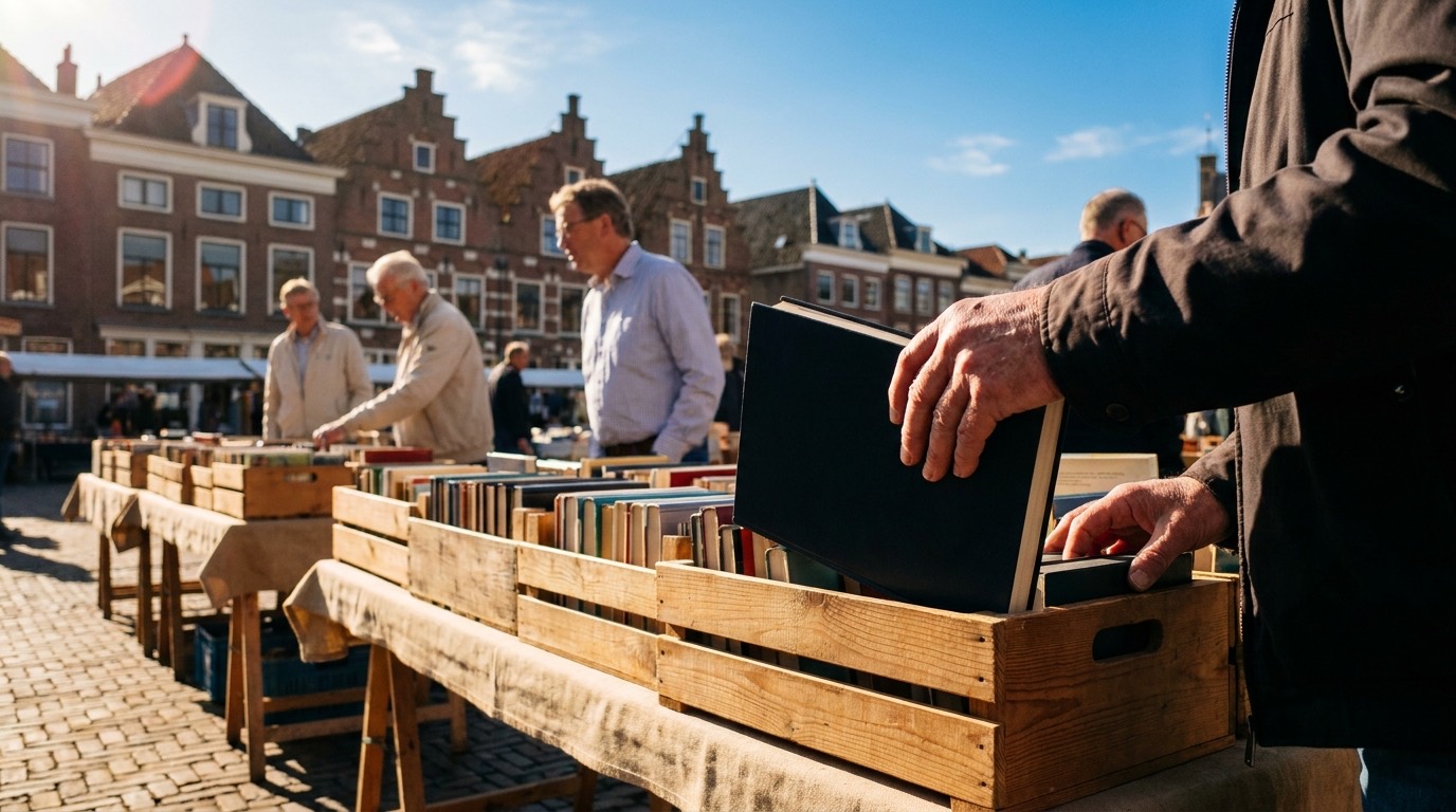 Bezoeker pakt een boek uit een krat op de boekenmarkt, met de gevels van de binnenstad erachter