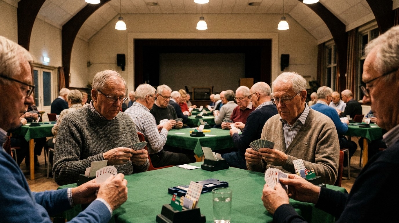 Spelers gebogen over hun kaarten aan de groene tafels tijdens de bridgedrive