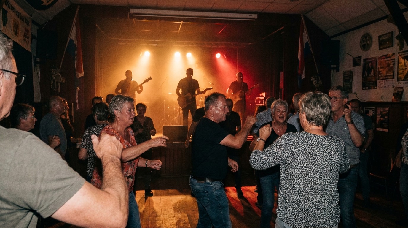 Volle dansvloer voor het podium tijdens het dansfeest